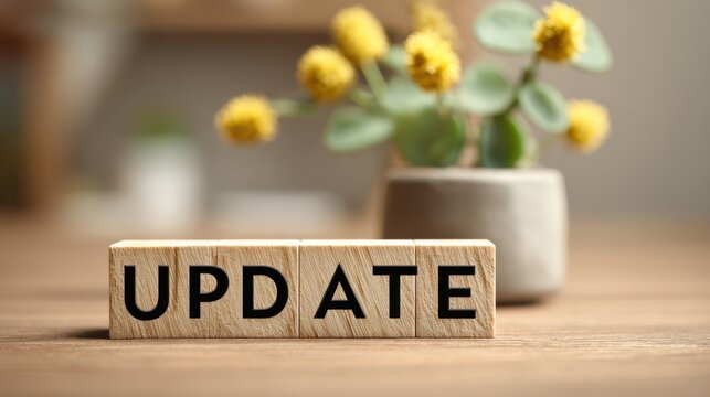 The Update Blocks on Wooden Table with Potted Yellow Flowers in Background