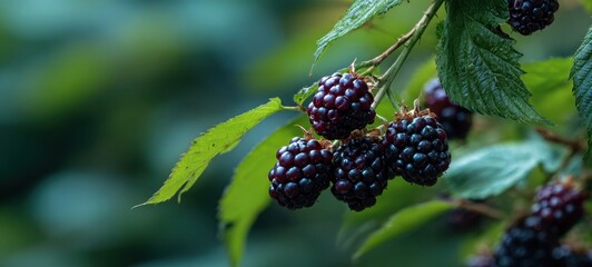 The Blackberries on a Dewy Branch with Lush Green Leaves and Soft Background