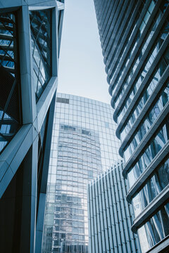 Architecture skyscraper office corporate structure steel urban perspective, Paris La Defense engineering detail for construction, industry and business