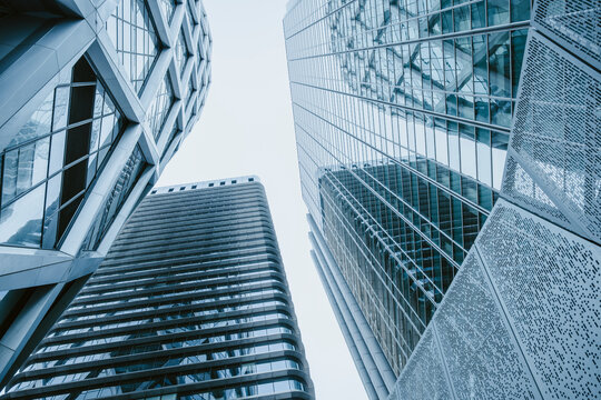 Architecture skyscraper highrise office corporate modern glass angle, Paris La Defense wide corporate tower view for technology, finance and growth