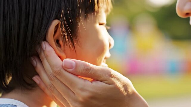 Close up of a mother whispering a secret into her little daughter's ear in a park. The woman's hand gently cups the girl's ear as she shares advice, creating a moment of trust and bonding