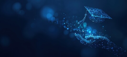 The Graduation Cap of Digital Learning Held by Futuristic Wireframe Hand