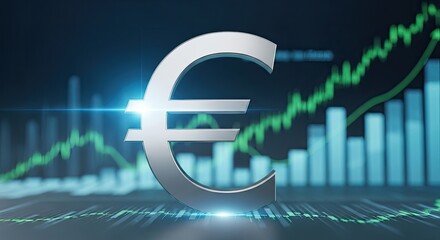 A silver euro symbol with a green financial graph in the background.