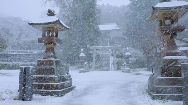 Heavy Snow over Japanese Shrine, Mikura on Ama Cho, Shimane Oki Islands, Japan