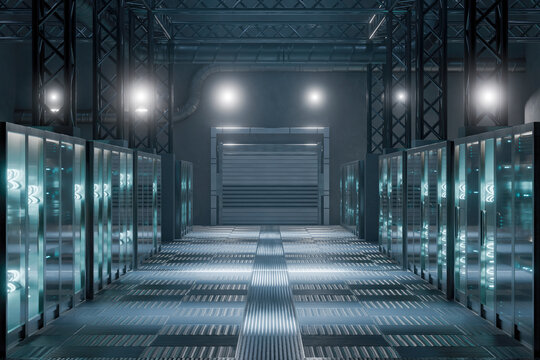 3D futuristic server room corridor with glowing lights