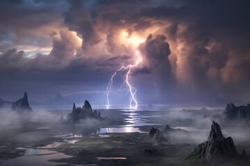 Dramatic stormy landscape with lightning over rugged coastline