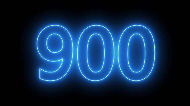 glowing neon text 900 number countdown icon. flickering neon number 900 on black background.