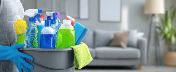 The cleaning bucket with assorted household cleaners and microfiber cloths in livingroom