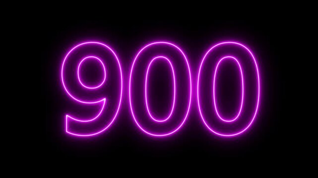 glowing neon text 900 number countdown icon. flickering neon number 900 on black background.