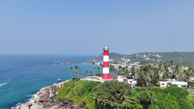 Aerial View Of Kovalam Lighthouse Above Tropical Cliffs And Ocean