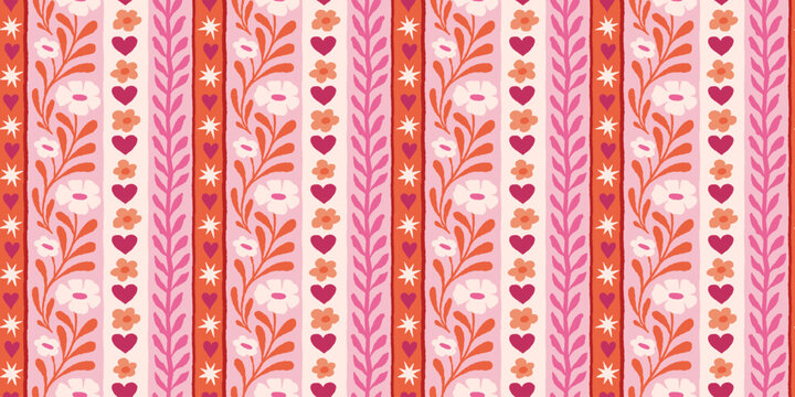 Vector seamless pattern, abstract hand-drawn quirky doodles,  love theme wallpaper, Valentine's day decorative wrapping paper and textile background with hearts and flowers