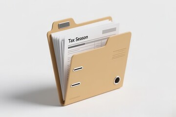 Tax document folder with papers, isolated on white background, tax season preparation concept
