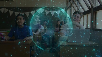 Students turning heads to view holographic globe emerging and projecting data streams across desks - Powered by Adobe