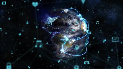 Rotating Earth showing icons forming network while arcs connecting cities intensifying data flow - Powered by Adobe