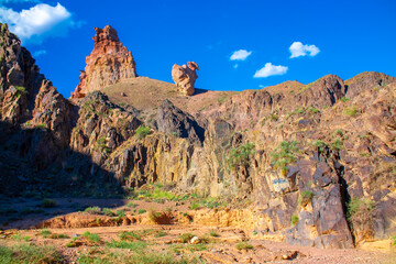 Charyn Canyon, Valley of Castles. The excellence of Kazakhstan. Panorama of natural unusual landscape. The red canyon of extraordinary beauty looks like a Martian landscape.