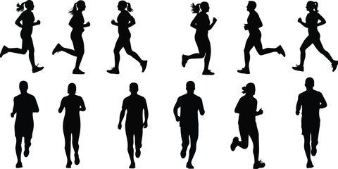 Vector silhouettes of diverse male and female runners exercising and jogging