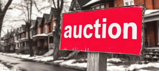 The auction sign in front of historic rowhouses on a snowy urban street