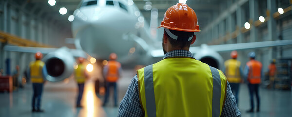 Aircraft mechanics in safety vests and helmets work inside hangar. Engineers inspect airplane engine and fuselage. Team performs repair on jetliner at airport.
