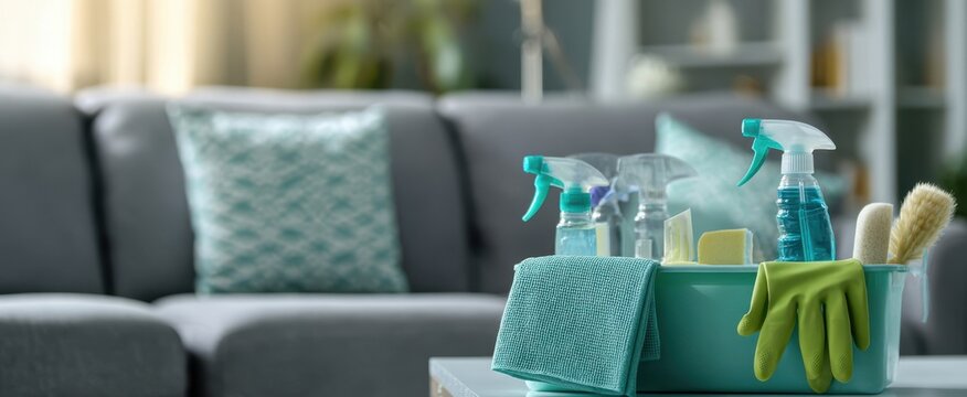 The cleaning caddy with supplies on a table in a modern living room