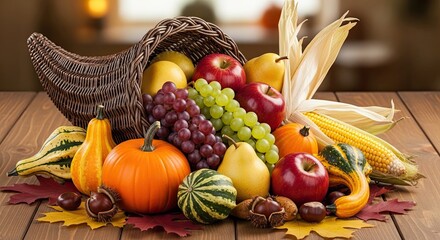 A cornucopia filled with a variety of fruits and vegetables, including apples, grapes, and pumpkins, set on a wooden table with autumn leaves and corn stalks.
