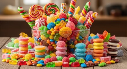 A colorful assortment of candies and sweets on a wooden table.