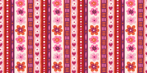 Vector seamless pattern, abstract hand-drawn quirky doodles,  love theme wallpaper, Valentine's day decorative wrapping paper and textile background with hearts and flowers