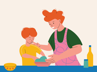 A father and a son prepare food together in a kitchen. Minimalist illustration symbolizing heartwarming moment of family bonding time