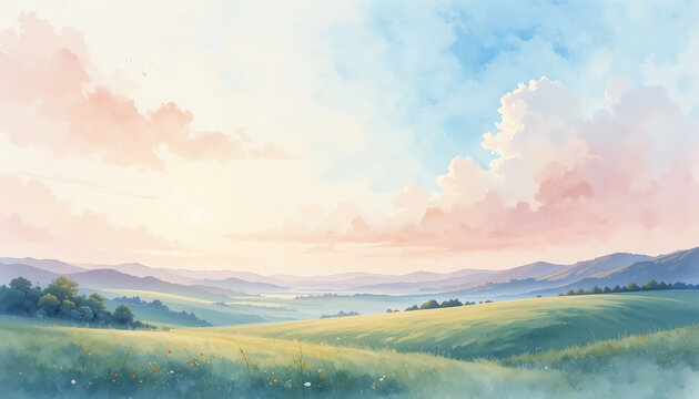 Soft watercolor painting of a peaceful landscape with pastel sky and gentle light