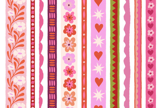 Vector set of seamless  borders and frames, abstract hand-drawn quirky doodles,  love theme and Valentine's day decorative elements