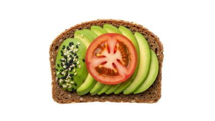 A delicious sourdough with avocado and tomato with sesame seeds, white background isolated