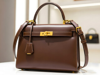 Brown leather handbag with gold hardware on white surface