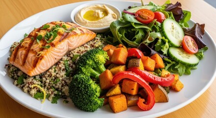 A plate of grilled salmon, quinoa, broccoli, sweet potatoes, and mixed greens salad with a side of hummus.