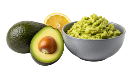 Mashed avocado and ripe avocado half cut, white background isolated