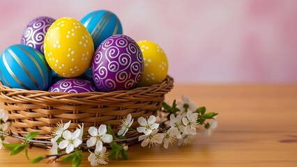 A basket filled with vibrantly colored and decorated easter eggs sits on a wooden table