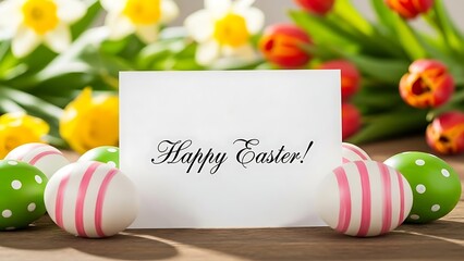 A festive happy easter card surrounded by colorful decorative eggs and spring flowers