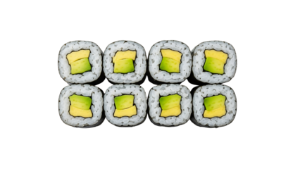 A gourmet Japanese meal features healthy salmon rolls and fresh avocado arranged on a white background alongside a lot of pills and a lot of teeth