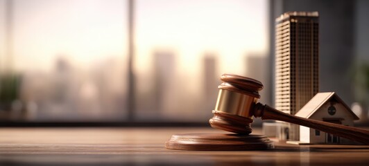 The Gavel Beside Miniature House and Skyscraper Symbolizing Real Estate Law and Judgment
