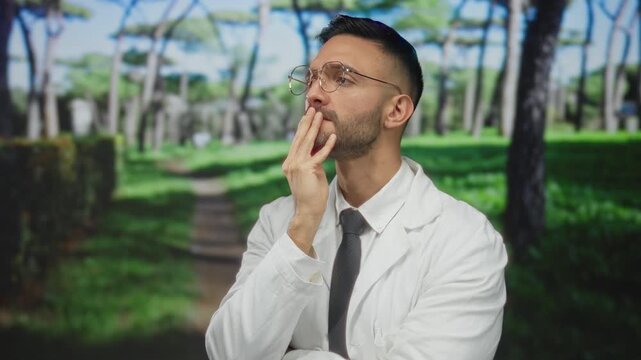 Young man in white coat and glasses thoughtfully poses in a green park, surrounded by lush trees, contemplating ideas on a sunny day.