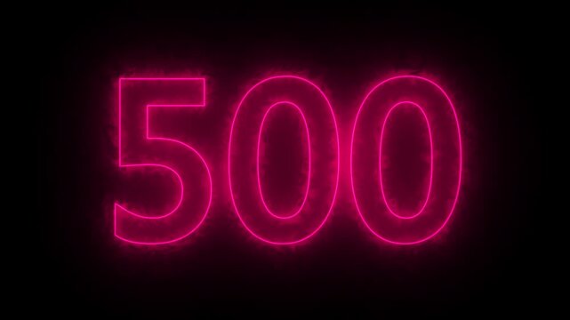 glowing neon text 500 number countdown icon. flickering neon number 500 on black background.