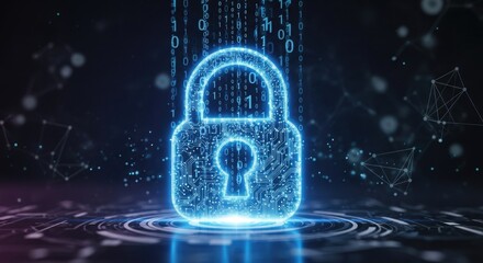 A glowing blue padlock with binary code and network connections in a dark, digital background.