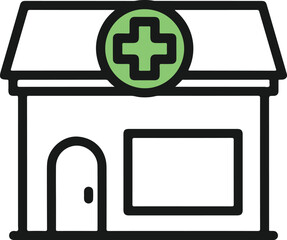 Obraz premium Simple illustration of a pharmacy building with a green medical cross sign