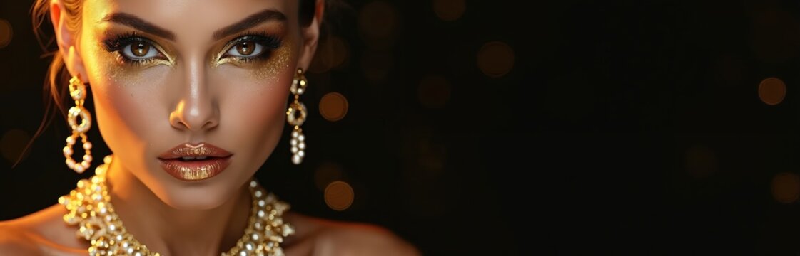 Portrait of woman with gold makeup. Brunette model wears shiny lipstick, rich jewelery, earring, necklace. Luxury skin. Glamour girl posing in studio on black background with bokeh effect