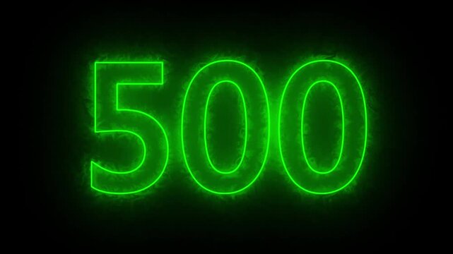 glowing neon text 500 number countdown icon. flickering neon number 500 on black background.