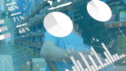 Animation of statistics and financial data processing over diverse people volunteering in warehouse - Powered by Adobe