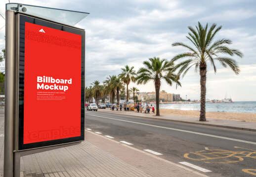 Billboard Mockup on Palm-Lined Street for Tropical Outdoor Advertising