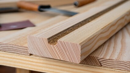 Close up of precise woodworking joinery with a smooth rounded groove cut into solid wood, showing craftsmanship, hand tools, furniture making and professional carpentry skills