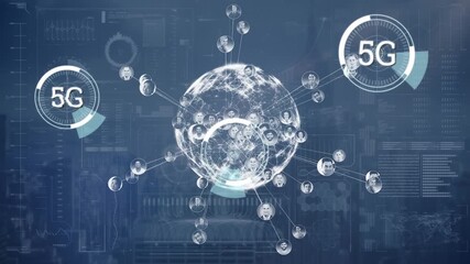 Animation of 5g text over scope scanning and globe - Powered by Adobe