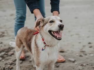 Happy dog walking on beach