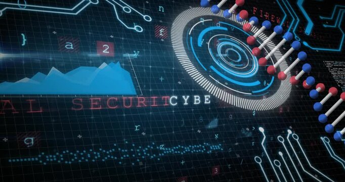 Animation of dna, scanning and data processing on navy background