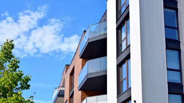 Modern apartment building with balconies against a clear blue sky and green trees.